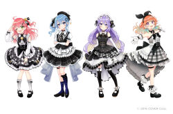 Rule 34 | 4girls, :d, arm up, asymmetrical legwear, bare shoulders, beret, black dress, black footwear, black skirt, black thighhighs, blue eyes, blue hair, breasts, center frills, commentary request, detached sleeves, dress, frills, full body, gloves, gradient hair, green eyes, hair ornament, hairband, hairclip, hat, high heels, highres, hololive, hoshimachi suisei, lace, lace-trimmed gloves, lace trim, long sleeves, medium breasts, moona hoshinova, multicolored hair, multiple girls, official art, one side up, open mouth, orange hair, outstretched arms, pink hair, plaid, plaid headwear, plaid skirt, pleated skirt, puffy long sleeves, puffy sleeves, purple eyes, purple hair, sakura miko, sakura oriko, shirt, side ponytail, simple background, skirt, sleeveless, sleeveless shirt, smile, socks, spread arms, standing, star (symbol), star hair ornament, takanashi kiara, thighhighs, virtual youtuber, white background, white gloves, white shirt, white skirt, white sleeves, white socks, x hair ornament