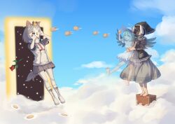 Rule 34 | &gt; &lt;, 3girls, alternate costume, animal ears, black wings, blue sky, blush, box, breasts, carrot, cloud, commentary, cosplay, crossover, crown, dog (mixed breed) (kemono friends), dog ears, dog girl, dog tail, dress, egg (food), egging, flower, food, full body, green hair, grey dress, grey hair, grey skirt, halo, haniyasushin keiki, haniyasushin keiki (cosplay), inaba tewi, jewelry, kemono friends, komeiji koishi, looking at another, magatama, magatama necklace, mechrailgun, miniskirt, multiple girls, necklace, open mouth, pantyhose, portal (object), rose, short hair, skirt, sky, small breasts, symbol-only commentary, tail, throwing, touhou, white dress, white pantyhose, wings