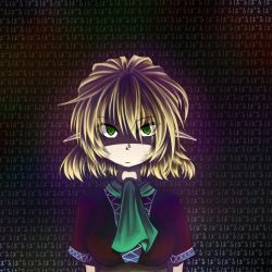 Rule 34 | 1girl, black background, blonde hair, breasts, brown shirt, closed mouth, commentary request, expressionless, eyes visible through hair, green eyes, green scarf, hair between eyes, kuma 21, looking at viewer, medium breasts, mizuhashi parsee, paru paru, pointy ears, scarf, shaded face, shirt, short hair, short sleeves, solo, touhou, upper body, wall of text