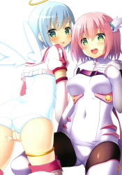 Rule 34 | 2girls, :p, angel wings, ass, black legwear, blue hair, blush, boots, breasts, covered navel, covering crotch, covering privates, elbow gloves, energy wings, gloves, green eyes, halo, hand on own chest, head wings, highres, kneeling, looking back, magical girl, makai tenshi djibril, makai tenshi djibril 4, manabe rika, mintice (asatsukimint), multiple girls, naughty face, one-piece swimsuit, open mouth, pantyhose, pantyhose under swimsuit, pink footwear, pink gloves, pink hair, pink legwear, saotome momo, school swimsuit, short hair, simple background, sitting, smile, swimsuit, thigh boots, thighhighs, thighlet, thighs, tongue, tongue out, white background, white legwear, white one-piece swimsuit, white school swimsuit, wings