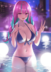 Rule 34 | 1girl, ahoge, bare shoulders, bikini, blue bikini, blue hair, blush, braid, breasts, cleavage, colored inner hair, front-tie bikini top, front-tie top, haro art, highres, hololive, large breasts, long hair, looking at viewer, minato aqua, multicolored hair, navel, night, open mouth, outdoors, pink hair, pool, purple eyes, smile, solo, streaked hair, swimsuit, twin braids, two-tone hair, v, virtual youtuber