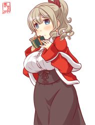 Rule 34 | alternate costume, artist logo, black skirt, blue eyes, box, brown hair, capelet, dated, dress shirt, drill hair, gift, gift box, hatakaze (kancolle), high-waist skirt, high ponytail, holding, holding gift, jacket, kanon (kurogane knights), kantai collection, long hair, looking at viewer, one-hour drawing challenge, red capelet, red jacket, shirt, simple background, skirt, white background, white shirt