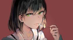 Rule 34 | 1girl, black hair, cigarette, closed mouth, fingernails, green eyes, hair between eyes, highres, holding, lips, long sleeves, looking at viewer, matches, mouth hold, musshu (omu001), off shoulder, original, pink lips, red background, sailor collar, school uniform, serafuku, shirt, short hair, simple background, smile, solo, upper body, white sailor collar, white shirt