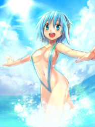 Rule 34 | 10s, 1girl, :d, blue hair, blush, breasts, cleavage, cloud, day, edobox, hair ornament, hairclip, mahou shoujo madoka magica, mahou shoujo madoka magica (anime), medium breasts, miki sayaka, navel, open mouth, short hair, sky, slingshot swimsuit, smile, solo, sun, swimsuit, water