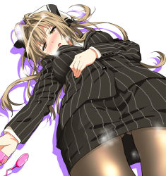 Rule 34 | 10s, 1girl, amagi brilliant park, antenna hair, black pantyhose, blush, breasts, brown eyes, brown hair, business suit, egg vibrator, formal, hair intakes, heavy breathing, large breasts, long hair, long sleeves, lying, on back, open mouth, pantyhose, pencil skirt, pinstripe pattern, pinstripe suit, ponytail, sento isuzu, sex toy, simple background, skirt, skirt suit, solo, striped, suit, thighs, vibrator, yoshiki, yoshiki360