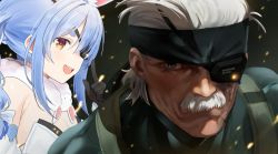 Rule 34 | animal ears, blue hair, braid, breasts, cleavage, closed mouth, eyepatch, facial hair, green eyes, hair ribbon, highres, hololive, looking at viewer, metal gear (series), metal gear solid 4: guns of the patriots, mustache, old snake, open mouth, orange eyes, rabbit ears, ribbon, scarf, seicoh, solid snake, tagme, teeth, thick eyebrows, upper body, upper teeth only, usada pekora, usada pekora (1st costume), virtual youtuber, white hair