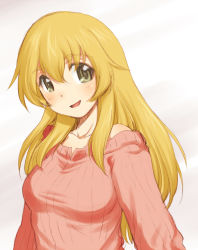 Rule 34 | 10s, 1girl, blonde hair, blush, carpaccio (girls und panzer), casual, colored pencil (medium), commentary, girls und panzer, green eyes, highres, long hair, long sleeves, looking at viewer, open mouth, ribbed sweater, sakaki imasato, sketch, skirt, smile, solo, sweater, traditional media, upper body