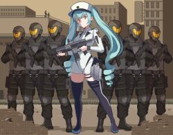 Rule 34 | 1girl, 6+others, assault rifle, black footwear, blue hair, boots, cityscape, closed mouth, drill hair, finger on trigger, frown, goddess of victory: nikke, gun, hat, highres, holding, holding weapon, holster, holstered, light blue hair, long hair, looking at viewer, military hat, military uniform, multiple others, peaked cap, pixel art, privaty (nikke), rifle, sealssugiyama, soldier, standing, thigh boots, twintails, uniform, very long hair, weapon, white headwear, yellow eyes