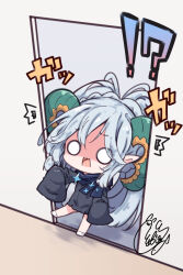 Rule 34 | 1girl, ^^^, beni shake, black dress, blue scarf, commentary request, doorway, dress, fate/grand order, fate (series), grey hair, highres, horns, larva tiamat (fate), larva tiamat (second ascension) (fate), long hair, long sleeves, o o, open mouth, partial commentary, scarf, shaded face, shoes, signature, sleeves past fingers, sleeves past wrists, solo, surprised, tiamat (fate), translated, very long hair, wavy mouth, white footwear