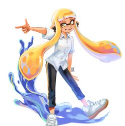 Rule 34 | 1girl, blonde hair, commentary, commission, english commentary, finger gun, full body, highres, inkling, inkling girl, inkling player character, long hair, nintendo, one eye closed, open mouth, seatha, shoes, simple background, smile, solo, splatoon (series), teeth, tentacle hair, thick eyebrows, white background, white footwear, yellow eyes