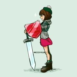 Rule 34 | 1girl, armor, artist name, blush, boots, brown eyes, brown hair, child, creatures (company), dress, from side, game freak, gen 8 pokemon, gloria (pokemon), grey jacket, happy, hat, highres, holding, holding shield, holding sword, holding weapon, jacket, legs, neck, nintendo, pink dress, pokemon, pokemon swsh, shield, short hair, shoulder armor, simple background, smile, socks, standing, sword, tam o&#039; shanter, weapon