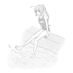 Rule 34 | 1girl, ahoge, arm support, arms at sides, bad id, bad twitter id, bare shoulders, blush, breasts, closed mouth, clothes writing, collarbone, commentary, full body, greyscale, highres, i-168 (kancolle), kantai collection, long hair, monochrome, ponytail, poolside, ripples, school swimsuit, simple background, sitting, soaking feet, solo, splashing, swimsuit, translated, water, white background, yama (yam0a)