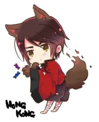 Rule 34 | 1boy, animal ears, animal hands, axis powers hetalia, bandages, blush, brown hair, candy, chinese clothes, food, halloween, hong kong (hetalia), kaoru (iris), lowres, male focus, solo, tail, torn clothes, werewolf, wolf ears, wolf tail, yellow eyes