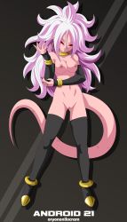 Rule 34 | 1girl, abs, absurdres, android 21, black sclera, breasts, cleft of venus, closed mouth, colored sclera, colored skin, dragon ball, dragon ball fighterz, hair between eyes, highres, long hair, looking at viewer, majin android 21, medium breasts, midriff, navel, nipples, nude filter, oryononilocram, pink skin, pointy ears, pussy, red eyes, smile, solo, tail, third-party edit