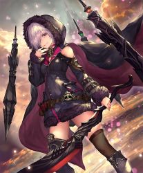 Rule 34 | 10s, 1girl, artist request, bare shoulders, boots, cape, castle, choker, cloud, cygames, finger to mouth, floating, floating object, fur trim, grin, hair over one eye, hood, hood up, hoodie, official art, shadowverse, shingeki no bahamut, smile, sword, thighhighs, weapon, white hair, wizardess of oz, yellow eyes