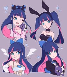 Rule 34 | 1girl, :o, ;d, absurdres, animal ears, artist name, bare shoulders, blue eyes, blue hair, blunt bangs, bow, breasts, cleavage, closed mouth, colored inner hair, cremanata, dark blue hair, detached collar, elbow gloves, fake animal ears, gloves, hair bow, heart, highres, juliet sleeves, long hair, long sleeves, multicolored hair, multiple views, one eye closed, open mouth, panty &amp; stocking with garterbelt, pink hair, puffy sleeves, rabbit ears, shirt, smile, stocking (psg), twintails, upper body