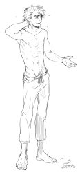 Rule 34 | 10s, 1boy, abs, adam&#039;s apple, bad id, bad pixiv id, barefoot, beard, facial hair, greyscale, groin, hand on own head, highres, kaburagi t. kotetsu, lineart, male focus, monochrome, muscular, navel, pants, pubic hair, sdkay, short hair, solo, standing, sweatpants, tiger &amp; bunny, topless male