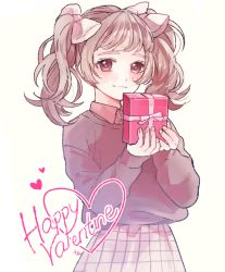Rule 34 | 1girl, blush, box, brown hair, gift, gift box, hair ribbon, highres, holding, holding box, holding gift, long hair, looking at viewer, original, ribbon, ryousuke (tukr5384), simple background, skirt, smile, solo, sweater, twintails, valentine, white background