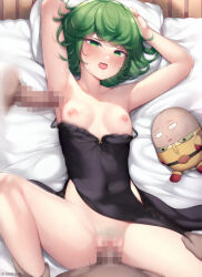 Rule 34 | 2boys, armpits, artist name, bed sheet, black dress, blush, breasts, censored, character doll, collarbone, dress, flipped hair, green eyes, group sex, hetero, highres, kimoshi, knee up, lying, medium hair, missionary, mmf threesome, mosaic censoring, multiple boys, nipples, on back, one-punch man, open mouth, penis, pillow, saitama (one-punch man), sex, shiny skin, small breasts, spread legs, tatsumaki, teeth, threesome, tongue, tongue out, upper teeth only, vaginal