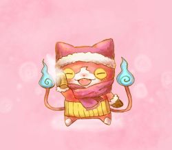 Rule 34 | 10s, blush, cat, fangs, flame-tipped tail, haramaki, jibanyan, mittens, multiple tails, no humans, open mouth, pink background, scarf, solo, steam, tail, two tails, umi (srtm07), winter, traditional youkai, youkai watch