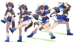 Rule 34 | 1girl, absurdres, animal ears, ball, baseball, baseball glove, bead bracelet, beads, belt, blue footwear, blue hair, blue shirt, boots, bracelet, breasts, brown hair, closed mouth, clothing cutout, colored inner hair, constricted pupils, cutoffs, daitaku helios (umamusume), ear covers, fang, full body, hair ornament, hairclip, highres, holding, holding ball, horse ears, horse girl, jewelry, long hair, looking afar, midriff peek, motion blur, multicolored hair, multiple views, necklace, nishiki kazue, open mouth, parted lips, pitching, sequential, shadow, shirt, short shorts, short sleeves, shorts, side ponytail, small breasts, smile, standing, standing on one leg, streaked hair, tied shirt, umamusume, v-shaped eyebrows, white background, white shorts, wristband, yellow eyes