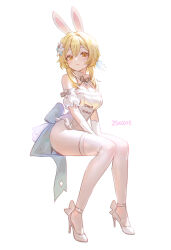 1girl adelie_cat alternate_costume animal_ears bare_shoulders blonde_hair blush breasts cleavage closed_mouth fake_animal_ears flower full_body genshin_impact hair_between_eyes hair_flower hair_ornament high_heels highres invisible_chair leotard looking_at_viewer lumine_(genshin_impact) medium_breasts rabbit_ears short_hair_with_long_locks sitting sleeveless_leotard solo thighhighs white_flower white_footwear white_leotard white_thighhighs yellow_eyes