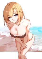 Rule 34 | 1girl, bare shoulders, beach, bikini, black bikini, blonde hair, blue eyes, blush, breasts, cleavage, collarbone, faicha, grin, hair ornament, hairclip, hololive, hololive english, large breasts, leaning forward, letterboxed, looking at viewer, outside border, shore, short hair, smile, solo, swimsuit, thighs, virtual youtuber, watson amelia