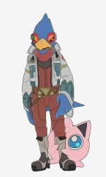 Rule 34 | 1boy, arm at side, bad id, bad pixiv id, bandana, beak, belt, bird boy, bird tail, blue eyes, blue fur, body fur, boots, creatures (company), cropped jacket, crossover, falco lombardi, full body, furry, furry male, game freak, gen 1 pokemon, green eyes, grey background, grey footwear, grey jacket, half-closed eye, highres, holster, holstered, jacket, jigglypuff, jumpsuit, knee boots, leg grab, long sleeves, looking at another, looking down, looking up, nintendo, one eye closed, open clothes, open jacket, open mouth, pokemon, pokemon (creature), red fur, red jumpsuit, scouter, simple background, standing, star fox, super smash bros., tail, two-tone fur, udon (udon xxx)