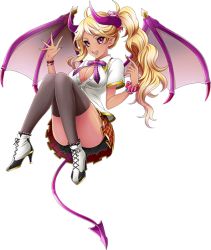Rule 34 | 1girl, artist request, black sclera, black thighhighs, blonde hair, bracelet, colored sclera, dark skin, demon girl, full body, gyaru, high heels, horns, jewelry, lethe (monster musume), long hair, monster musume no iru nichijou, monster musume no iru nichijou online, official art, open mouth, pink eyes, ponytail, school uniform, scrunchie, solo, tail, tan, thighhighs, transparent background, wings