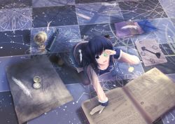Rule 34 | 1girl, bad id, bad pixiv id, black thighhighs, book, compass, feathers, globe, long hair, myue (snowmoonlight), original, paper, pocket watch, solo, thighhighs, tile floor, tiles, top of moe 2013, watch, yueyue
