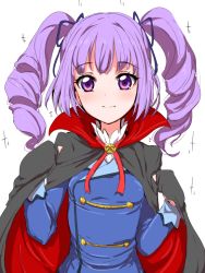 Rule 34 | 1girl, aikatsu!, aikatsu! (series), alternate hairstyle, blush, cape, clearite, cosplay, drill hair, fang, fang out, fangs, flying sweatdrops, hair ribbon, hikami sumire, long hair, looking at viewer, purple eyes, purple hair, ribbon, school uniform, solo, todo yurika (cosplay), todo yurika, twin drills