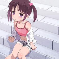 Rule 34 | 1girl, brown hair, child, female focus, flat chest, meow (nekodenki), midriff, navel, off shoulder, original, purple eyes, short hair, shorts, sitting, smile, solo, sports bra, striped clothes, striped shorts, twintails