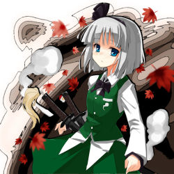 Rule 34 | 1girl, black bow, black bowtie, blue eyes, blunt bangs, blush, bow, bowtie, expressionless, female focus, gotyou, green skirt, highres, holding, holding behind back, katana, konpaku youmu, konpaku youmu (ghost), long sleeves, looking at viewer, shaded face, sheath, sheathed, silver hair, skirt, solo, sword, touhou, vest, weapon