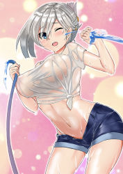 Rule 34 | 10s, 1girl, blue eyes, blush, breasts, covered erect nipples, eyebrows, folded ponytail, hamakaze (kancolle), hose, kantai collection, large breasts, looking at viewer, navel, nipples, one eye closed, open mouth, see-through, shirt, short shorts, shorts, silver hair, sin (kami148), smile, solo, standing, teeth, water, wet, wet clothes, white shirt