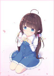 Rule 34 | 10s, 1girl, absurdres, abwan, ahoge, blue dress, blue eyes, blunt bangs, blush, closed mouth, dress, fingers together, highres, hinatsuru ai, index fingers together, layered sleeves, long hair, long sleeves, low twintails, petals, puffy short sleeves, puffy sleeves, ryuuou no oshigoto!, school uniform, seiza, short over long sleeves, short sleeves, sitting, smile, solo, twintails, very long hair, yellow neckwear