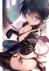 Rule 34 | 1girl, ass, black bra, black gloves, black hair, black jacket, black panties, black thighhighs, blue eyes, blush, bondage outfit, bra, breasts, cleavage, cropped jacket, demon horns, demon wings, detached collar, elbow gloves, garter straps, genderswap, genderswap (mtf), gloves, hair between eyes, high heels, highres, horns, houshin engi, jacket, leather, leather jacket, light particles, looking at viewer, medium breasts, mimoza (96mimo414), open mouth, panties, pointy ears, seiza, shoes, short hair, side-tie panties, simple background, sitting, solo, sweat, taikoubou, thighhighs, underwear, wings