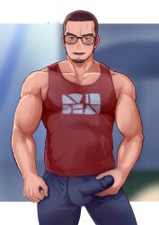 Rule 34 | 1boy, bara, blush, breath, brown hair, bulge, buzz cut, character request, covered erect nipples, creatures (company), crotch grab, erection, erection under clothes, facial hair, feet out of frame, game freak, glasses, goatee, highres, large pectorals, looking at viewer, male focus, male masturbation, masturbation, masturbation through clothes, mature male, muscular, muscular male, niichi (niichi21), nintendo, pants, pectoral cleavage, pectorals, pokemon, red tank top, seductive smile, short hair, sidepec, smile, solo, standing, sweat, tank top, textless version, thick eyebrows, thighs, track pants, veins, veiny arms, very short hair