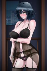Rule 34 | 1girl, blush, bra, breasts, fubuki (one-punch man), large breasts, lingerie, looking at viewer, one-punch man, panties, smile, solo, thighhighs, underwear