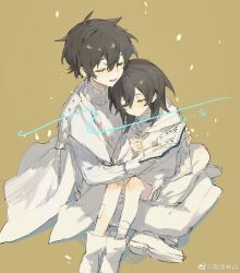 Rule 34 | 1boy, 1girl, 2boys, aged down, bacheally, bandages, black hair, book, boots, brown background, brown hair, cape, child, cloak, closed eyes, closed mouth, commission, full body, hair between eyes, highres, holding, holding book, hood, hoodie, hug, long sleeves, medium hair, multiple boys, non-web source, open book, open mouth, original, pants, parted lips, sample watermark, shirt, shoes, shorts, siblings, simple background, sitting, sitting on lap, sitting on person, sleeping, smile, socks, sweater, turtleneck, turtleneck sweater, watermark, weibo logo, weibo watermark, white cape, white cloak, white footwear, white hoodie, white pants, white shirt, white shorts, white socks, white sweater, yellow background