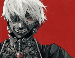 Rule 34 | 1boy, alternate costume, etain (e t a i n), eyepatch, gem, grey hair, jacket, kaneki ken, looking at viewer, male focus, mask, mouth mask, portrait, red background, red eyes, short hair, simple background, solo, tokyo ghoul