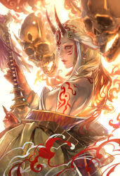 Rule 34 | arm tattoo, blonde hair, blurry, breasts, commentary request, curly hair, depth of field, earrings, eyelashes, eyeshadow, facial mark, facial tattoo, fate/grand order, fate (series), fingernails, fire, floral print, from side, highres, holding, holding weapon, horns, ibaraki douji (fate), japanese clothes, jewelry, kaburagi yasutaka, kimono, light particles, lips, long fingernails, long hair, looking at viewer, looking to the side, makeup, medium breasts, off shoulder, aged up, oni, oni horns, open mouth, orange eyes, parted lips, revealing clothes, sharp fingernails, shoulder blades, sideboob, skull, slit pupils, tattoo, weapon, yellow kimono