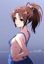 Rule 34 | 1girl, adjusting hair, arm up, back, bare shoulders, blue background, blue eyes, blue overalls, breasts, brown hair, commentary, dated, from behind, gradient background, hand in own hair, hand on own ass, hand under clothes, hibike! euphonium, highres, liz to aoi tori, long hair, looking at viewer, nakagawa natsuki, naked overalls, nii manabu, no bra, no shirt, overalls, parted bangs, parted lips, ponytail, purple eyes, sideboob, signature, simple background, small breasts, solo, standing, tying hair