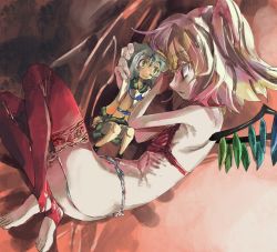 Rule 34 | 1girl, blonde hair, bra, character doll, fingerless gloves, flandre scarlet, flat chest, gloves, green hair, komeiji koishi, no headwear, open mouth, red bra, red eyes, red thighhighs, ribs, short hair, side ponytail, skinny, smile, thighhighs, thong, touhou, underwear, wings, yellow eyes, yohane