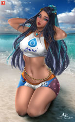 Rule 34 | 1girl, aqua eyes, armlet, arms behind head, arms up, artist name, bare shoulders, beach, bike shorts, blue hair, blue sky, blurry, blurry background, blush, breasts, clothes writing, cloud, collarbone, covered erect nipples, creatures (company), dark-skinned female, dark skin, day, eyeshadow, female focus, full body, game freak, gym leader, hair ornament, happy, highres, jewelry, kneeling, large breasts, legs together, lips, long hair, looking at viewer, makeup, merellyne, midriff, multicolored hair, navel, necklace, nessa (pokemon), nintendo, ocean, open mouth, outdoors, patreon logo, patreon username, pokemon, pokemon swsh, sand, seiza, signature, sitting, sky, smile, solo, sports bra, stomach, teeth, topknot, two-tone hair, water, watermark, web address, wide hips