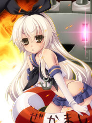 1girl anchor_hair_ornament bare_shoulders black_hairband black_necktie blue_sailor_collar blue_skirt buttons crop_top cropped_shirt elbow_gloves eyes_visible_through_hair gloves hair_between_eyes hair_ornament hairband hakoiri_nyanko highleg highleg_panties kantai_collection lifebuoy long_hair microskirt necktie panties pleated_skirt rensouhou-chan sailor_collar shimakaze_(kancolle) shirt skirt sleeveless sleeveless_shirt solo swim_ring triangle_mouth underwear very_long_hair white_gloves white_hair white_shirt yellow_eyes