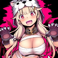 Rule 34 | 1girl, animal hands, animal hood, bandaged arm, bandages, black ribbon, blonde hair, breasts, cape, chest sarashi, claws, cleavage, fangs, gloves, hair between eyes, hair flaps, hair ornament, hair ribbon, hairclip, halloween costume, highres, hood, hood up, kantai collection, kuromayu, large breasts, long hair, looking at viewer, official alternate costume, open mouth, paw gloves, red eyes, ribbon, sarashi, simple background, solo, twintails, very long hair, yuudachi (kancolle), yuudachi kai ni (kancolle)