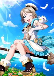 Rule 34 | 10s, 1girl, ;d, bad id, bad pixiv id, bird, black footwear, blue eyes, blue sky, broom, broom riding, cloud, day, dress, feathers, gloves, grey hair, ink (pixiv25450915), love live!, love live! school idol festival, love live! sunshine!!, ocean, one eye closed, open mouth, outdoors, short dress, short hair, short sleeves, sky, smile, solo, sunlight, watanabe you, white feathers, white gloves