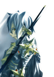 Rule 34 | 1boy, armor, azumi on, breastplate, cape, chainmail, commentary request, cross, gauntlets, grey hair, hair between eyes, holding, holding sword, holding weapon, katana, looking at viewer, looking to the side, male focus, open mouth, pauldrons, profile, ragnarok online, rune knight (ragnarok online), scabbard, sheath, sheathed, short hair, shoulder armor, simple background, smile, solo, spiked pauldrons, sword, upper body, weapon, white background, white cape, yellow eyes