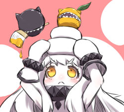 Rule 34 | &gt;:&lt;, 10s, 1girl, :&lt;, abyssal ship, ahoge, bad id, bad pixiv id, closed mouth, colored skin, dress, horns, kagami mochi, kantai collection, long hair, mittens, northern ocean princess, solo, u-non (annon&#039;an), v-shaped eyebrows, white dress, white hair, white skin, yellow eyes