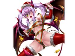 Rule 34 | 00s, 1girl, ass, bare legs, bare shoulders, bat wings, breasts, christmas, demon girl, fangs, female focus, happy, hat, kagami hirotaka, legs apart, lilim (taimanin asagi battle arena), lilith-soft, long hair, looking at viewer, naked ribbon, nude, one eye closed, open mouth, partially visible vulva, pointy ears, red legwear, ribbon, santa hat, smile, solo, tail, taimanin (series), taimanin asagi, taimanin asagi kessen arena, twintails, wings, wink